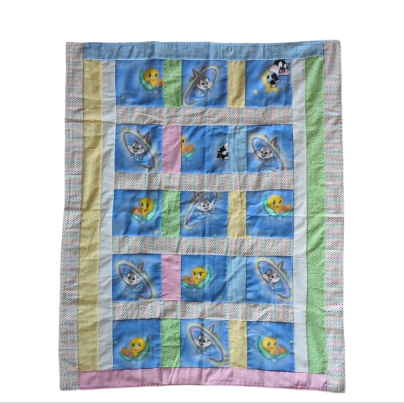 Vintage 90's Reversible Patchwork Looney Tunes Characters Baby Blanket Blue Pink - Picture 2 of 16